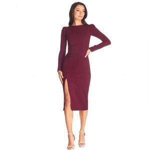 NWT Dress the Population Nadia Burgundy Long Sleeve Scoop Back Midi Dress M